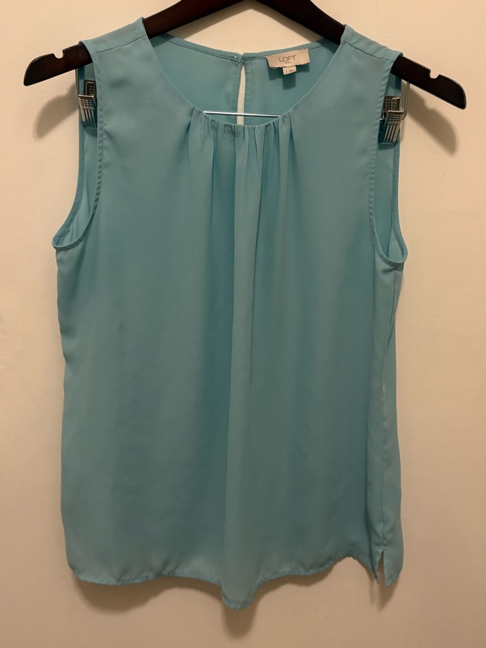 LOFT Light Aqua Sleeveless Pleated Neck Shell
